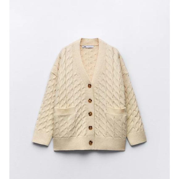 Zara Sweaters - Zara wool-blend Cream Cable Knit Button-Front Cardigan
